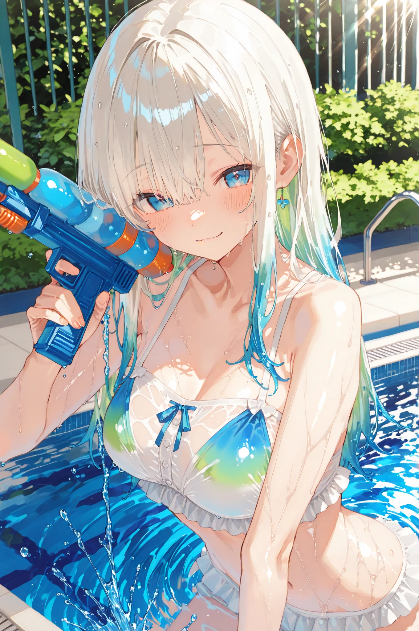 Eating ice cream by the pool Chibi character Silver hair swimsuit