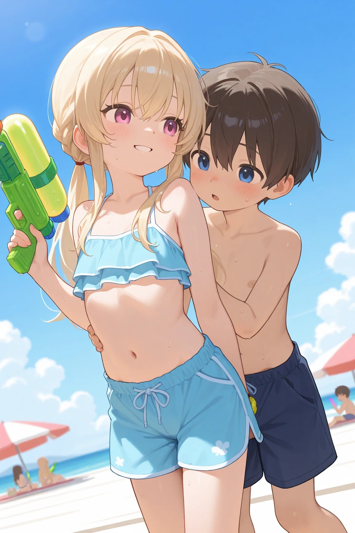 2girl,(young girl ,short stature,gyaru) ,flat chest,nsfw,big head, rotund.see-through one-piece-swimsuit,smiling ,long hair.cow boy shot