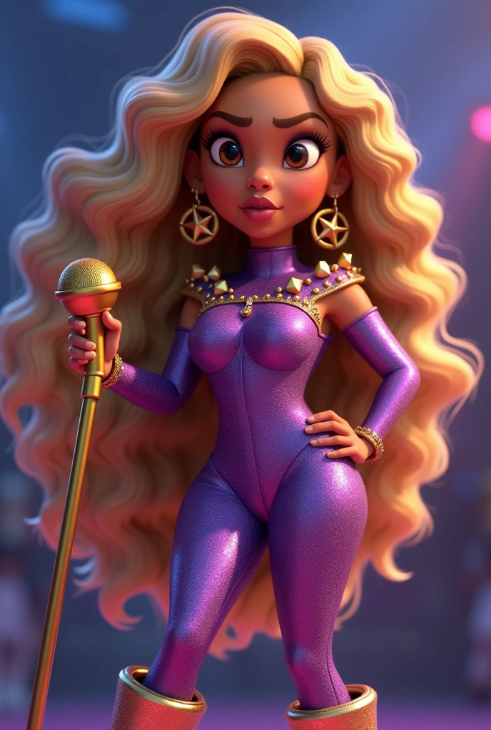 pixar character black-skinned, white-haired  singer  with star earrings holding her  on her stage with a sparkly pop diva outfit  néon cyber in the car
 