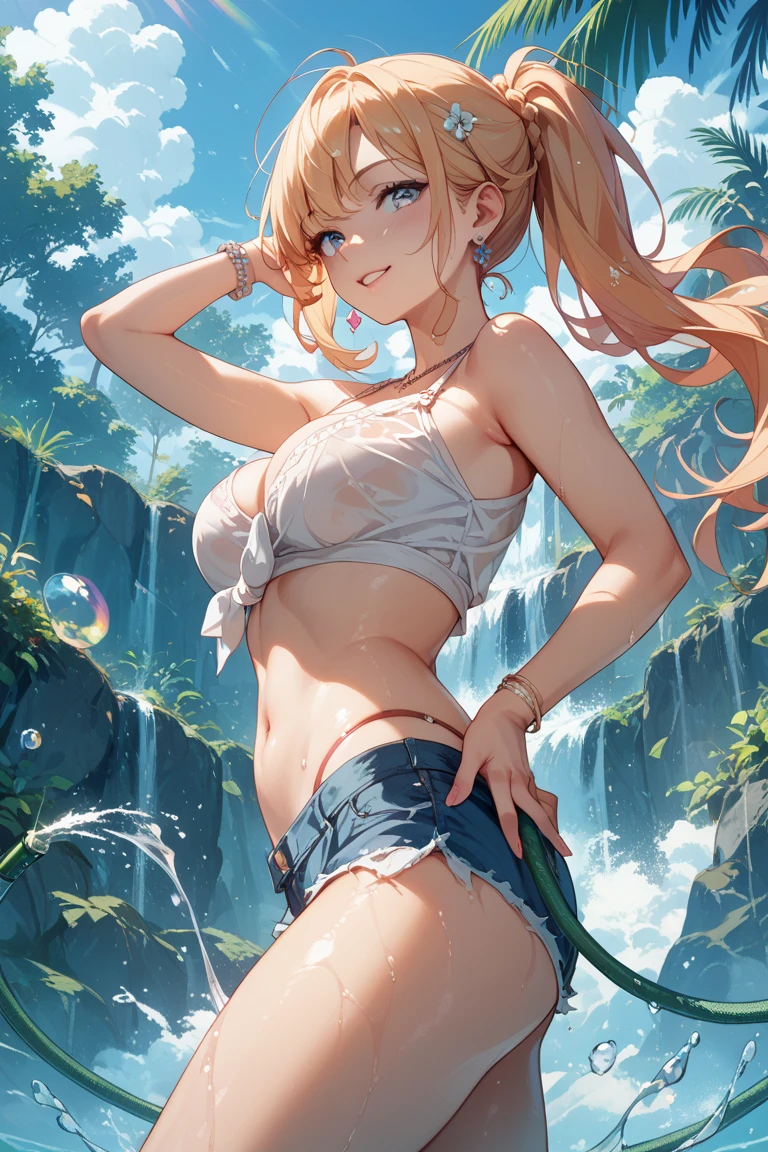 (masterpiece, best quality:1.2), cowboy shot, (solo, 1girl):1.3, glasses, long fluffy pink hair, gorgeous body, cowboy shot, slight smile, crop top, (sexy very transparent (brown) leotard), stomach, navel exposed, natural huge breasts, brown breast nipples shown under the transparency of the leotard, tanned skin, wet body and clothes, sexual pose in a gorgeous waterfall lying down in a tranquil forest.