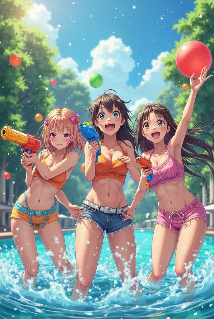 ((highest quality)), ((masterpiece)), (pretty girl), (3 girls:1.3), cute three girls are posing for a camera outdoors in the water, shirtをつかむ, stand side by side, (Close-up shot from the knee:1.3), perfect face, smile, (open your mouth and smile:1.3), embarrassed look, (precise fingers:1.3), hair band, head band, hair bobble, blouse, shirt, I can see your underwear, (pastel colored underwear), high resolution eyes, accurate eye, (high resolution eyes:1.8), (High definition finger 1.8), light smile, small chest, chest, realistic, 4years old, 5 years old, 6 years old, 7 years old, knee socks, short skirt, Asian, blue eyes, silver hair, brown hair, blonde, belly button, jewelry, looking at the viewer, necklace, water, , Wet, long hair, short hair, abs,