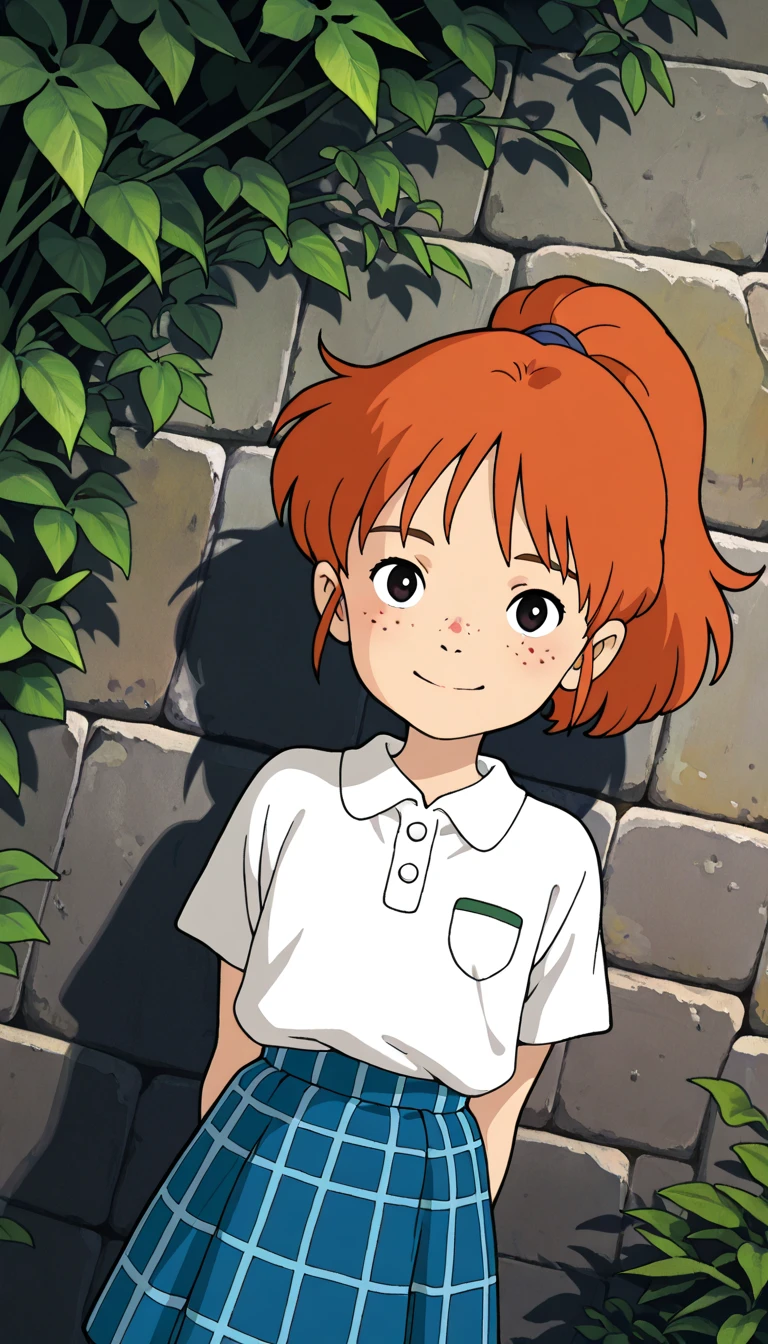 (1girl, female child, MindyGrim), (extremely detailed CG unit 8k wallpaper),(master part), (best quality), (ultra detail), (best illustration),(ghibli_style), cowboy shot, dutch angle, close up, standing, facing viewer , looking at viewer, perfect face, perfect eyes, perfect fingers, traditional media, outdoors, stone wall, vegetation, dark, break , upper body, solo, orange hair, ponytail, black eyes, freckles, short-sleeve white polo shirt, blue plaid skirt, staring seriously at viewer, arms at side , smiling at viewer, arms behind back,