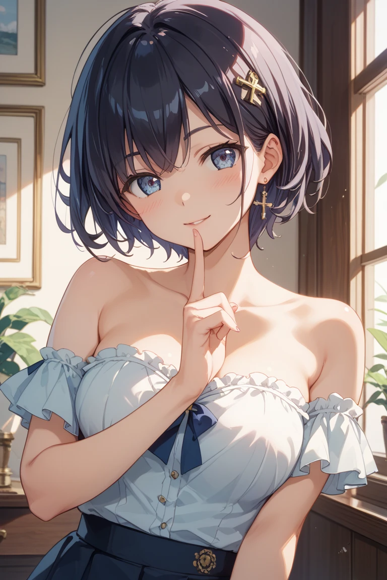 ((Biologically correct limb count))、(( Full-body photo including face))、4K、((Standing position))、masterpiece、((Focus on the face))、((Symmetrical facial features))、Eye for detailed depiction、Beautiful blue-haired woman、Excellent style、Beautiful clavicle、Beautiful feet、Beautiful Hands、Glamorous body、(stockings、garter belt、High heels）、Facial detailing、Small earrings、necklace、(No sleeve、Pleated skirt、Completely naked)、High heelsに照明を当てる、tie、sunny、(((Photo frame with white border)))、Seductive posture、((Looking up))、(Low - Angle、A camera angle that captures the inside of a skirt from below)、Silk gloves、(((Black Hair、The hair is golden)))、(((Moments of ecstasy)))、((Standing forward with arms covering chest、A ring on the left ring finger)),Spread legs