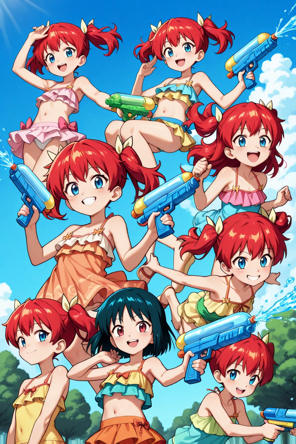 some pretty anime characters fighting over water with one another over the top of them a sun blushing lewd face while wearing very tight boots micro bikini