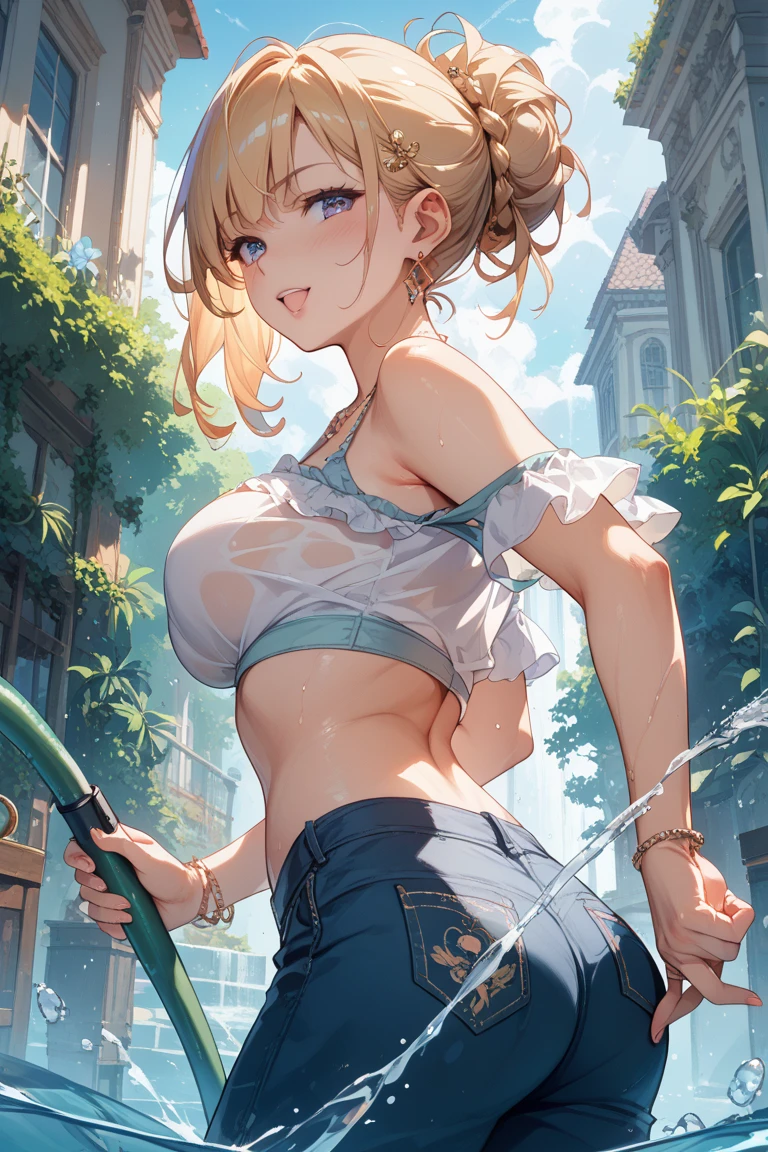 Himiko Toga, 1girl, she's wet, evil facial expression, fangs, grinning, short blond hair, hair buns, short messy hair, wet hair, looking away from viewer, (（tmasterpiece），（Very detailed CG unity 8K wallpaper），best qualtiy，，report，1girll，warm cinmatic lighting，detailed back ground，beatiful detailed eyeright pupils，（Very fine and beautiful），（Beautiful and detailed eye description），ultra - detailed，tmasterpiece，）），facing away from camera，Protruding underparts，Camel toes，absurderes，A high resolution，ultra - detailed），shes soaking wet，1girll，report，mature，（short hair，brunette color hair）Emotive expressioniting, bulge，Camel toes，Protruding，Colorful，Most detailed, exteriorully body photo, perfect eyes, perfect face, (yellow eyes), skinny, toned, red and orange city, round blush, sexy position, white wool shirt, red hankerchief tied on neck, long black skirt,