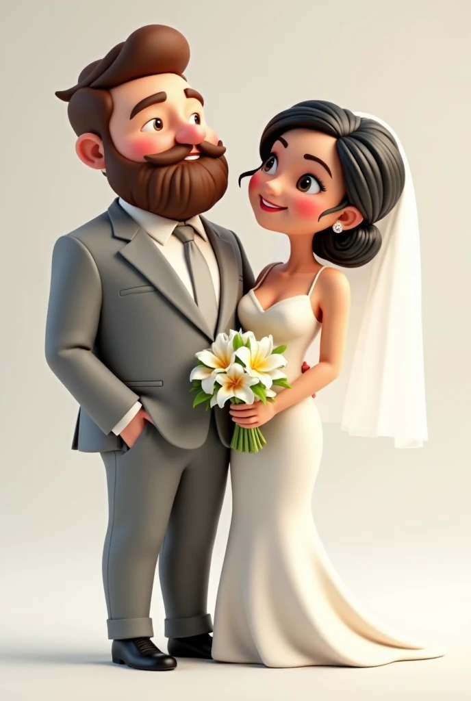 An image with a bride and groom couple, in cartoon style with white background, the groom has black hair and bangs the groom has a clean beard and short curly hair