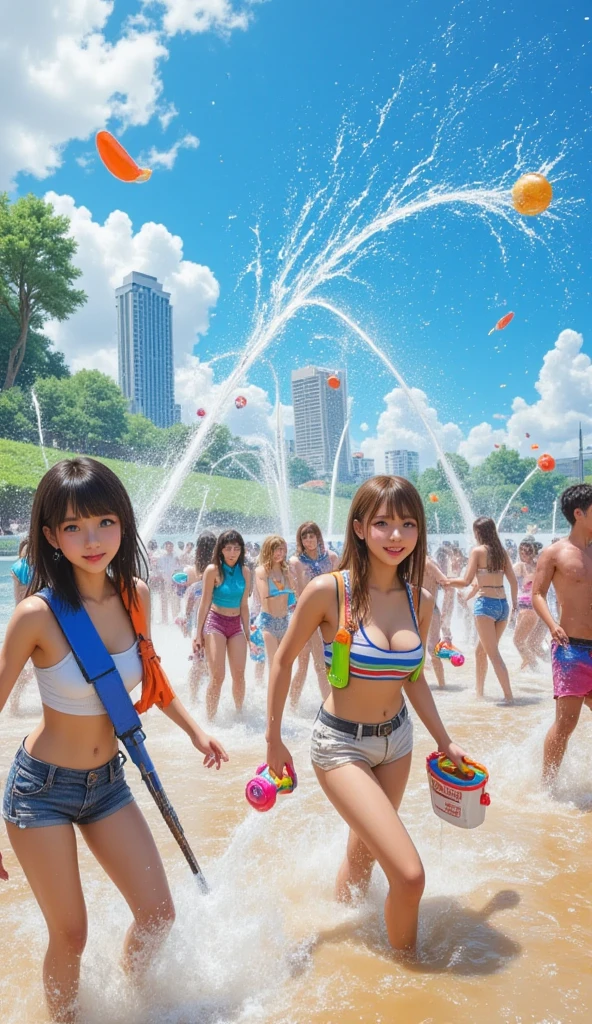 On a hot summer day, a vibrant and joyful pool party is going on. The bright sun shines on the surface of the pool, and the water waves shimmer. People happily jump into the water to swim and play. The beat of the music echoed with cheers, and people danced and enjoyed the revelry atmosphere. Colorful floats and water guns add a touch of joy. Laughter and laughter fill the air, filled with youth and vitality. People wear stylish swimsuits, sunglasses and straw hats to show their personality and fashionable side. Under the sun, people are immersed in the water and enjoy the coolness and joy of summer. The pool party scene is a joyful and relaxing party that allows people to enjoy the good times of summer to the fullest.