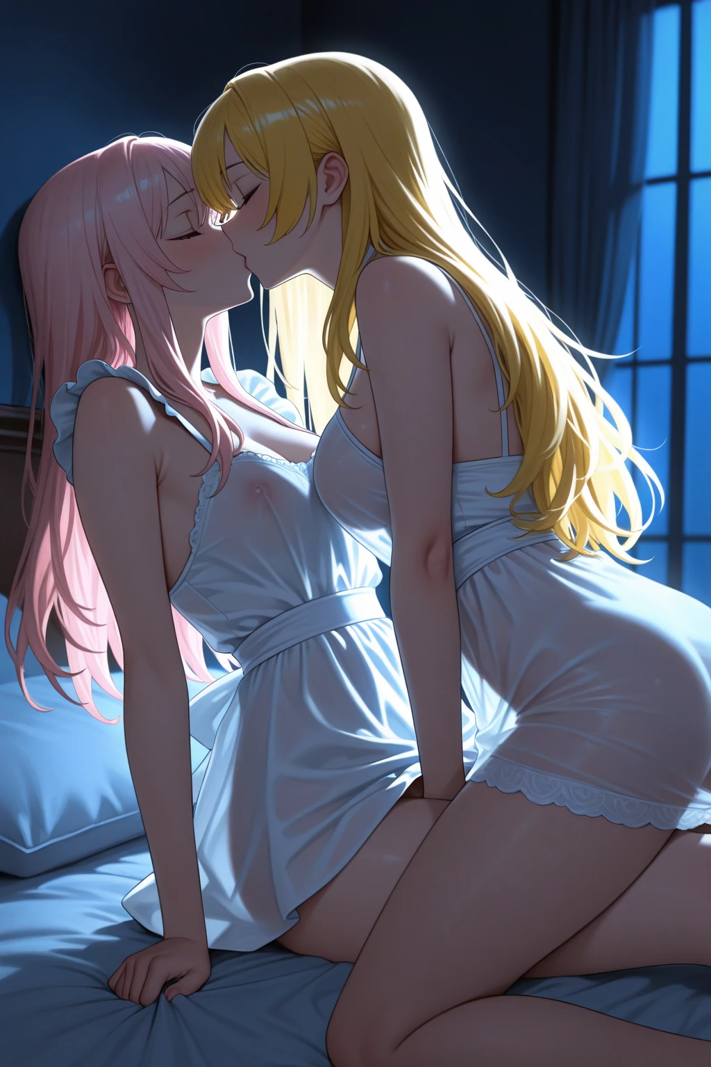 {{{masterpiece}}}, {{{highest quality}}}, NSFW:1.2、、temple、（two girls、hug and kiss、yuri,kiss,  ahegao, Angel:1.5、halo、blonde、Simple cotton pastel pink underwear、,　particles of light、fantasy)high contract、best lighting、most detailed、cinematic angle、