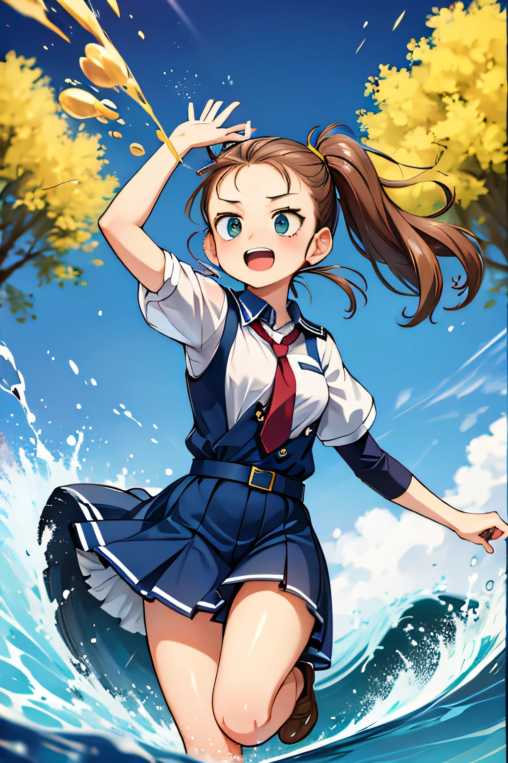 A double-page spread, reminiscent of 1950s comic-book fare, features Captain Cannonball leaping from a fountain, shouting "WATER JUSTICE!" as he showers the villains with a huge wave. Lady No-Drip tries to dodge, but is hit by a flying bucket. The background shows the city park transformed into an aquatic battlefield, full of splashes, sprays, and bright colors.