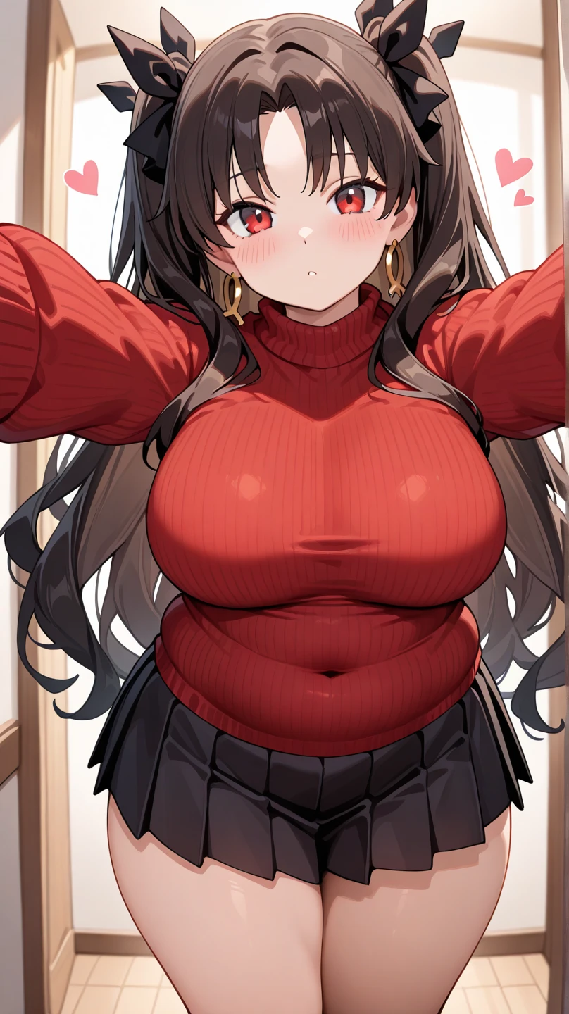 Women sharp features, 1 girl, black fur, alone, Red eyes, Closed mouth, blush, jewelry, White headband, earrings, Masterpiece, (giant breasts:1.2)(stomach:0.7), (Wide hips:0.4),(Red sweater:1.4),( off shoulder sweater:1.4),(Black pants:1.25),detailed eyes, make up, eyeliner, eyelashes, earrings, seductive smile, Closed mouth, Masterpiece, Best Quality, 1 girl, realist, 1 girl, blush, make up, glow, coffee background, clavicle, (Masterpiece), 1 girl, alone, detailed eyes, tall female body, detailed, bright face, dynamic lighting, whole body, full HD, good detail, perfect hands, maduro_Women, lighting on the face, detailed eyes, adult Women, maduro Women, cowboy shot, cowboy shot, curvy pose, Upper part of the body, tall female body, bright face, cheered up, red apron, cheered up, ,