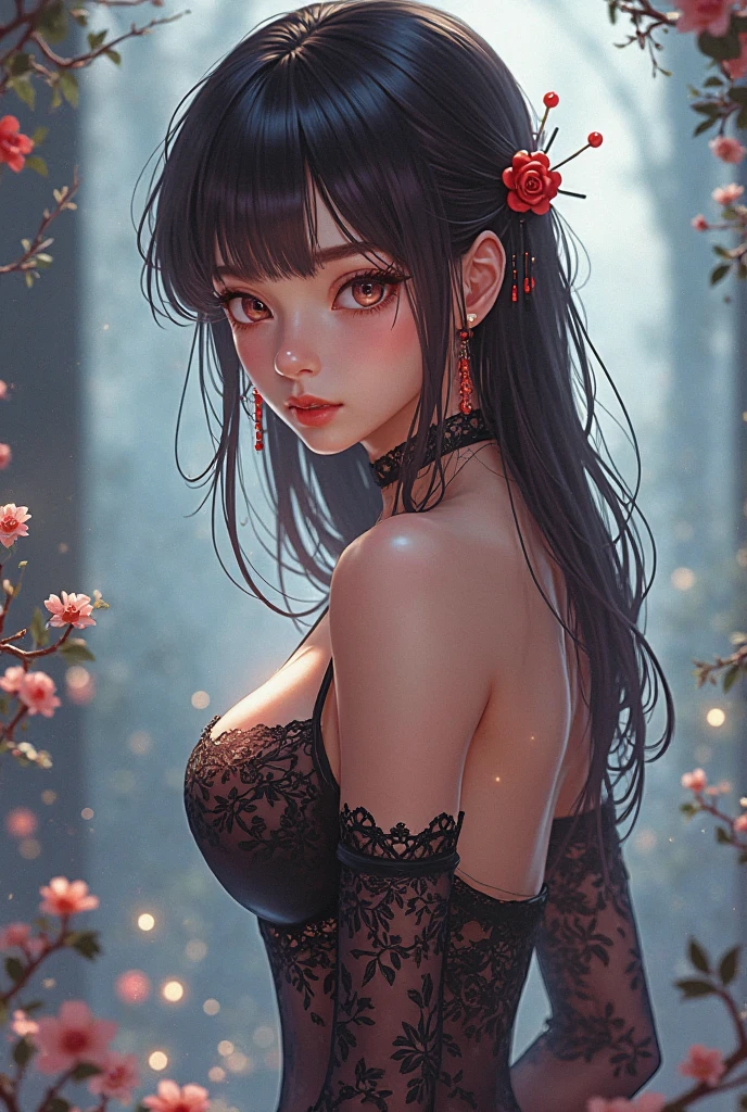 loose outfit、Show shoulders、dark colored kimono、How to wear a black gown、Decorated with intricate patterns and bright colors、Transparent material that makes the skin shine、Artistic depiction of seductive woman in gown with wet thin cloth and transparent skin, Floral and fantastic pattern with flowing silky traditional see-through skin。Her dress draped elegantly around her curvaceous figure、Emphasizes her charming silhouette。She's a gentle fireworks night、Dynamic Posing、Sexy Posing、bathed in the soft glow of moonlight。The scene is、With a hint of mystery and sensuality、It exudes an ethereal dreamy atmosphere。The image style is、Incorporates a blend of watercolor and digital illustration techniques.、It makes you feel delicate beauty and charm。Soft moonlit lighting、Cast gentle highlights and shadows on her mesmerizing features。Dynamic Posing、Bold poses、The hand is somewhere、see -through、show through、A sexy、Wet hair、Wet、（cherry trees、flower petals、cherryblossom、The cherry tree、Sakura Snowstorm 1.5）、buried、Transparent skin、Wet clothes、（Chest 1.2）、Navel Ejection、Swaying in the wind、Burgundy、pale red、（Slouch 1.5）、Lace colors、lace choker、a choker、Lie on your back on the surface of the water、New lining、