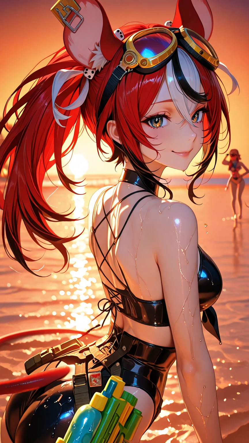 tattoo girl, very beautiful, murderous, Harley Quinn, crazed look, dark background, 8K, dynamic wallpaper, very delicate, very dense, creepy smile, close up to camera, dripping red one piece swimsuit, red sky beach background, back turned 
