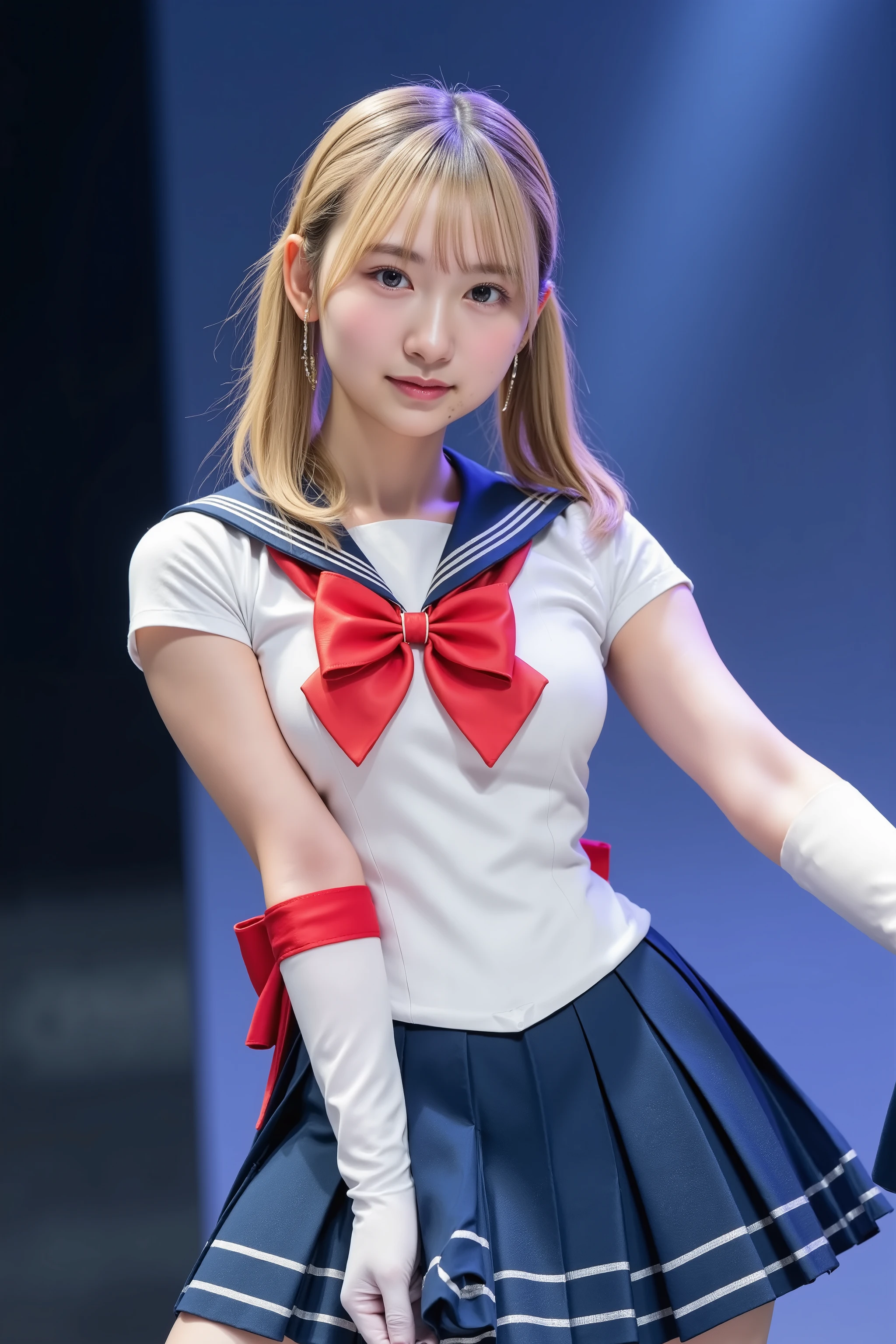 32k, (masterpiece:1.2, Highest quality, Ultra-high resolution, Super detailed), top quality, cute girl, fair skin, neutral expression,
sharp focus, blurred background, looking at viewer, ((A girl wearing a sailor moon costume.)),
BREAK
1girl, (beautiful girl, delicate girl: 1.3), detailed face, blonde hair, twintails,
(girl is lit by spot light), divine light,
very fine grain definition, (symmetrical eyes: 1.3),
medium breasts, black eyes, (eye and face detail, focus on face),
theater stage, Spotlight and smoke effects
