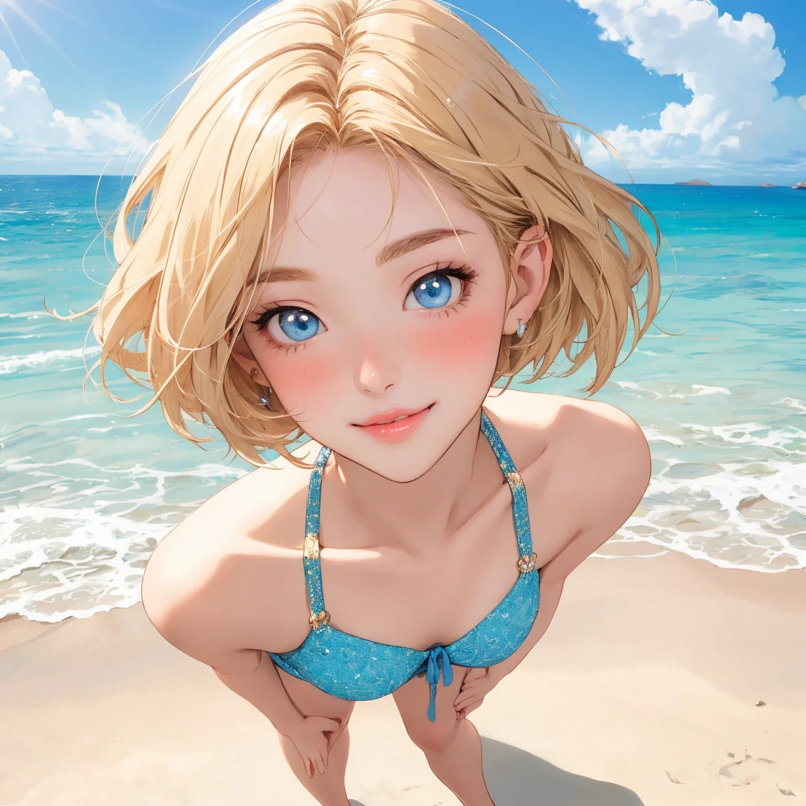 girl、solo、、swimsuit one piece、seductive pose、enchanting smile、beach