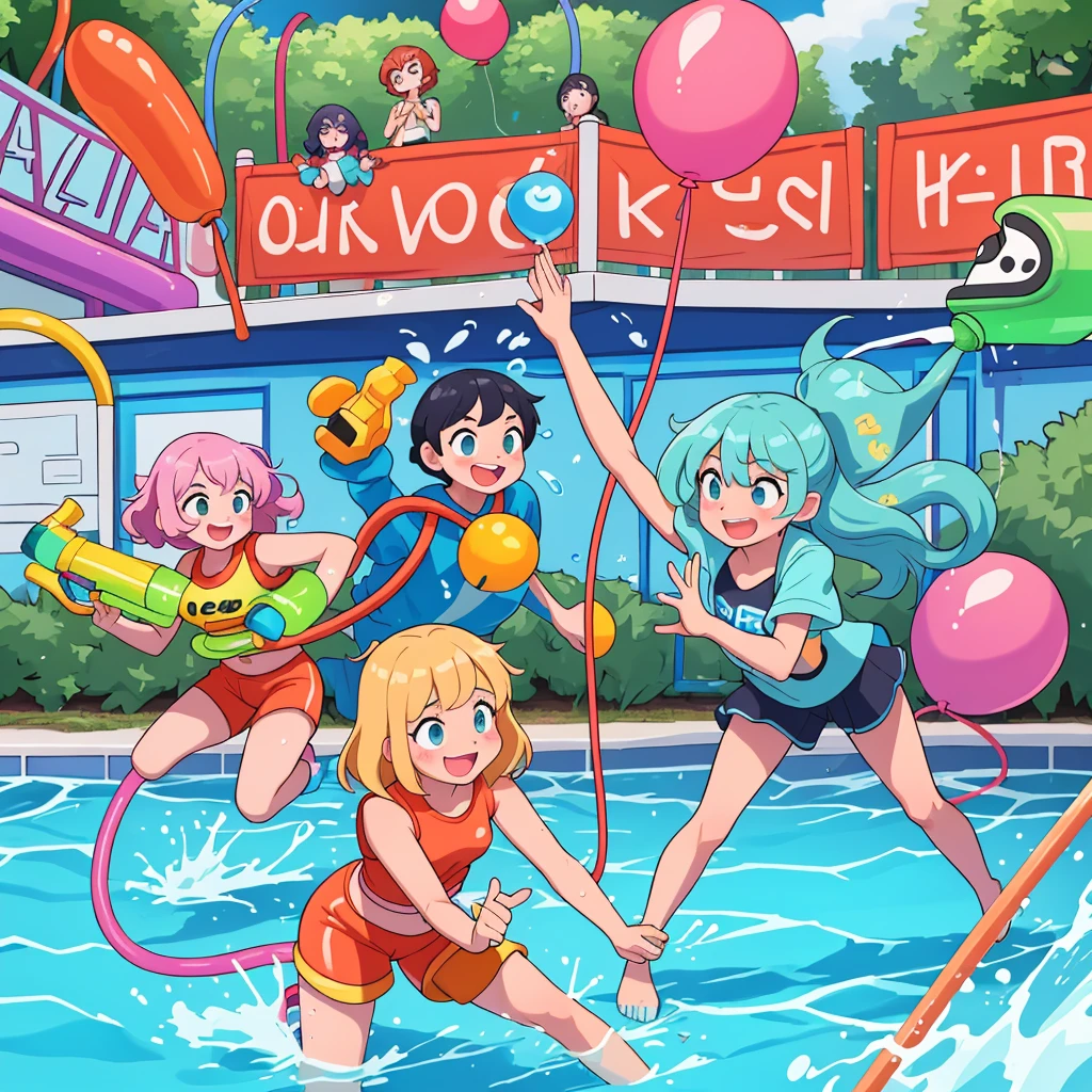 Lolipuni Girl、Three girls、Swimwear、Deep、Playing with a beach ball on the sand at the sea、、赤いSwimwear一人、青いSwimwear一人、黄色いSwimwear一人、Over quality、Over-spec、Super cute