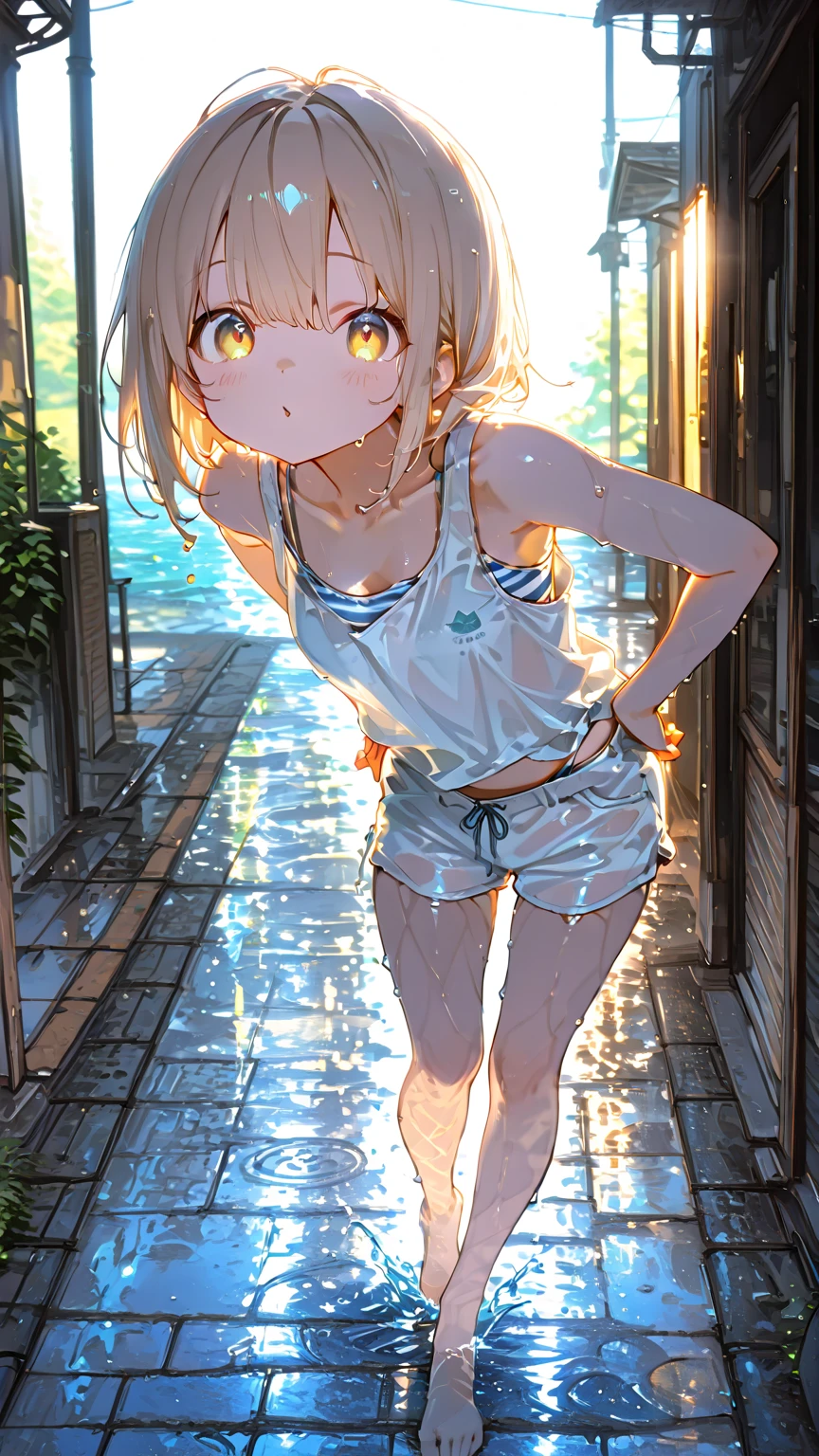 masterpiece, Highest quality, High resolution, Very detailed,(((Asahi Serizawa))), (((Town))), (((Night Sky)))、(((Back view)))、(((smile)))、(((Standing in the distance))), (((Wearing a white bikini。))), (((handrail)))