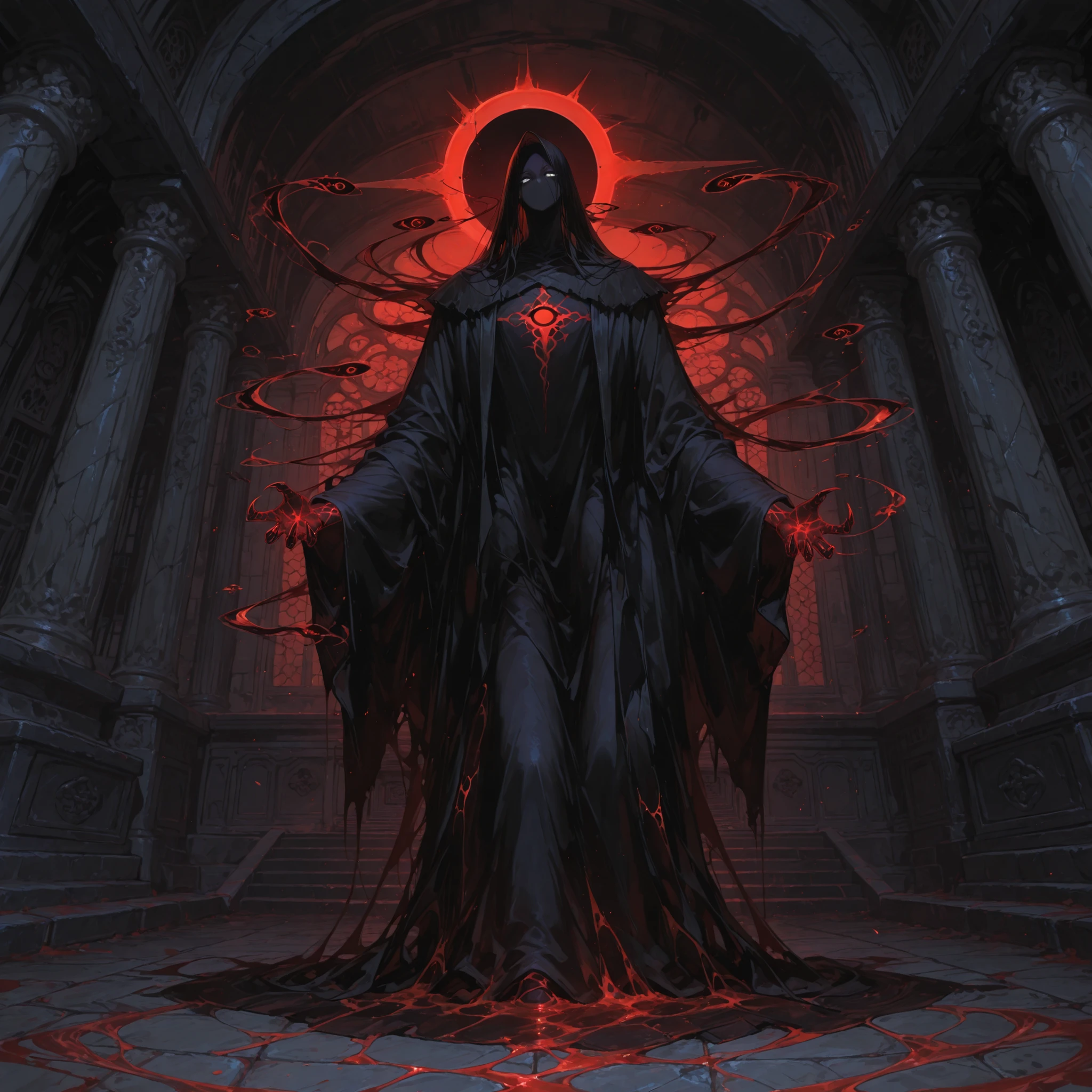 748cmstyle, Male, Dark entity, Malevolent dark spirit cloaked in flowing shadow tendrils, face with hundreds of glowing white eyes swirling inside, Black Tattered robes and forgotten parchment, Standing in a decaying shrine where the walls are cracked with pulsing void veins, Floating, Fingers clawed, grasping at invisible threads, Blood-red eclipse in the sky behind