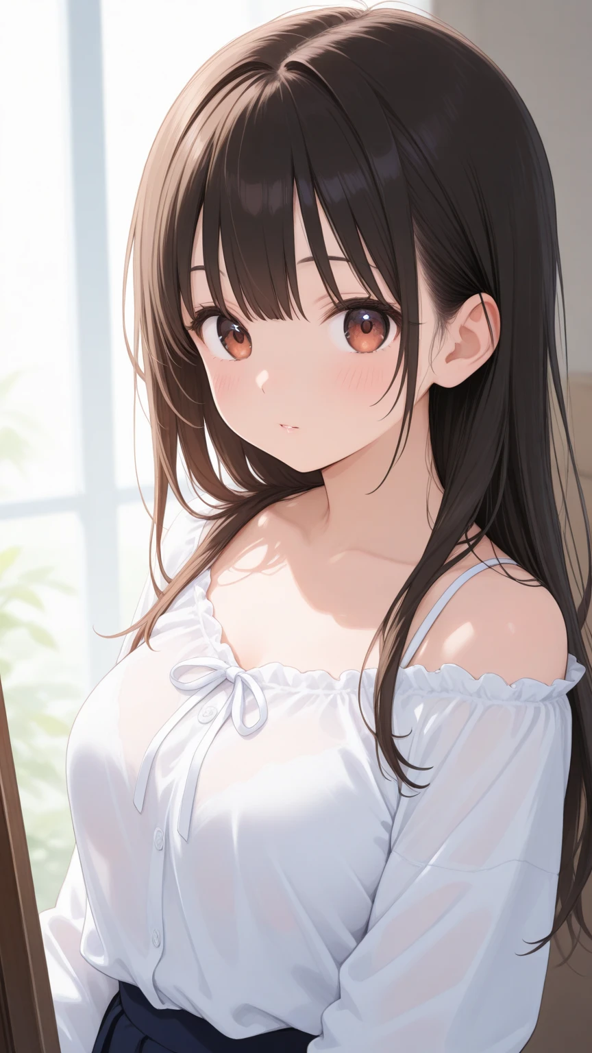 (sweat:1.2)、raising hand, (looking away:1.5), A close-up of your face、Biologically correct five fingers、Cleavage、Realistic, real person, (pale skin: 1.2), RAW photo, photorealistic, shiny skin, shiny hair、(A 25-year-old woman with medium-length hair and bangs) and (wavy hair) and (brown hair) and (orange eyes) , (sundress) and (white) 、(panicking:1.2), The background is the living room、Alone、Are standing