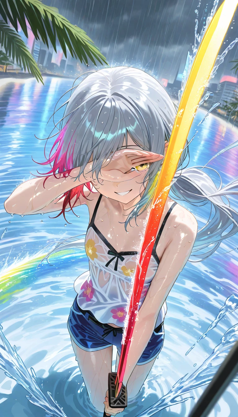 Top quality, masterpiece, watercolor style, swimming girl, rainbow colored hair, space style swimsuit, beautiful water splashes, outer space, beautiful galaxy, water drops,バタフライ