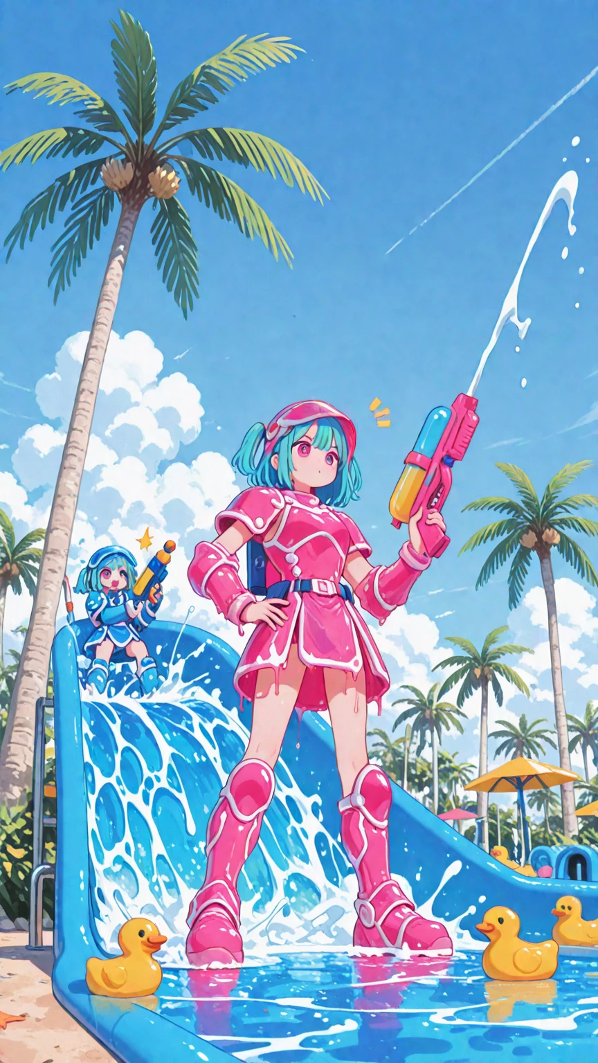 (masterpiece, best quality, highres, absurdres, ultra-detailed:1.3), 1girl ((riding inflatable)), <lora:disgaea_pleinair_v1:0.65>((pleinair, red hair ribbon, white school swimsuit, ribbon, white thighhighs, bare shoulders, blue hair, red eyes)) <lora:harada_takehito_v1:0.35>, (swimming pool, blue sky, white clouds, wet, hot summer day)