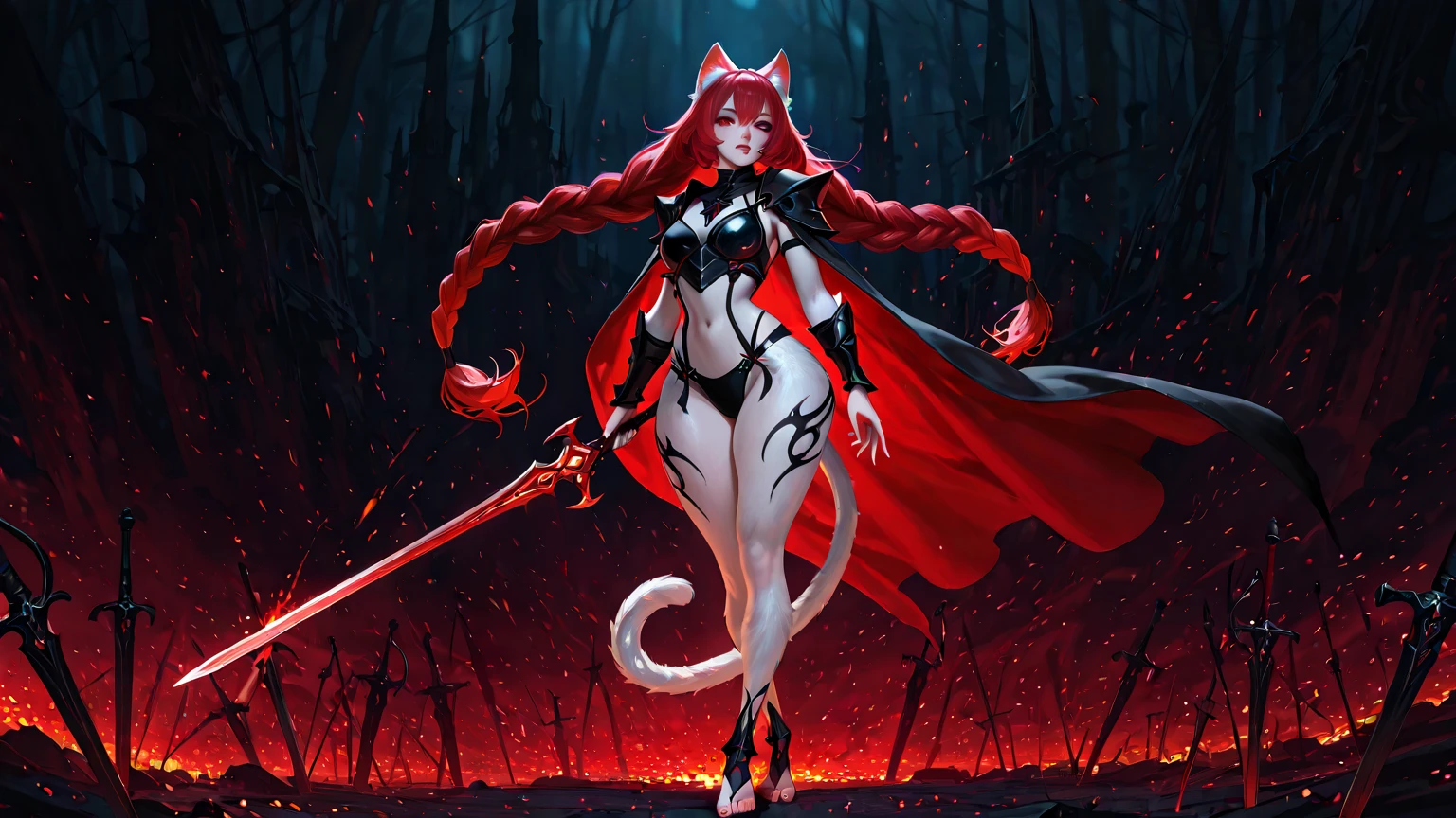 長い髪を持つbeautifulアニメ風の女性,(((Red Hair)))Long Wavy Hair,Transparent Hair,(((Highest quality)))Evil Eye,Frowning face,Extreme beauty,(((Red eyes))),Arrogant beauty,(((A well-defined, glamorous body)))((Huge bust))Tight waist,(((Bikini Armor)))黒色と赤色の際どいBikini Armorを着たExtreme beauty,(Animal bone ornament),Wolf ears and tail,((Medieval Armor)),((Modified armor with exposed chest)),Tan Skin,beautiful,(((swordsman pose))),(Legs spread and left hand on buttocks)),(((detailed)))Full Body Shot,scar,無数のscar,(((background)))fog,Red Moon,Countless mountains,Dark steppe。