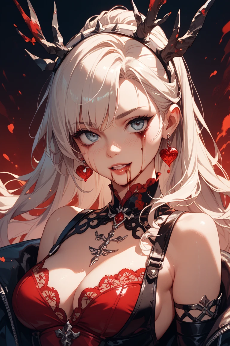 masterpiece, inside dark cathedral, intricate detail, on all fours, portrait, from below, action pose, head shot of a 25 year-old fit vampire girl with red eyes and ((white hair:1.2) and long hair and a red flower crown and eyeshadow) and medium_breasts and (fangs:1.3) on (stone floor with cracks and red flower petals), ((fangs)), baring her fangs, ((wearing a ({black,red}:1.5) intricate transparent gothic veiled wedding dress with cut-outs)), volumetric light, shallow depth of field, vignette, god rays, many glowing particles, mist, twilight, window, red fingernails, matte fantasy painting, fantasy art,