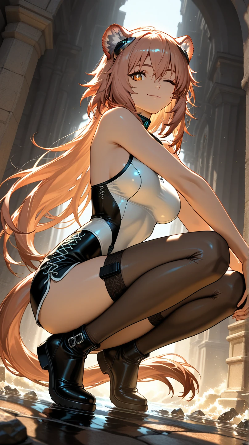 Masterpiece, best quality,1 girl,young girl,brown eyes,long hair,Mezukaki smiled.,Shiny skin,(The legs are long.:1.3),thick thighs, Thin waist, huge breasts
Take a break
, black_body suit, high waist_shorts, Platform_sandals, chain_choker_necklace, Put on a loop_earring,
Take a break
, department_collect,,crowd,depth of field,look at viewer,squatting,from the side,upper body,uptrend