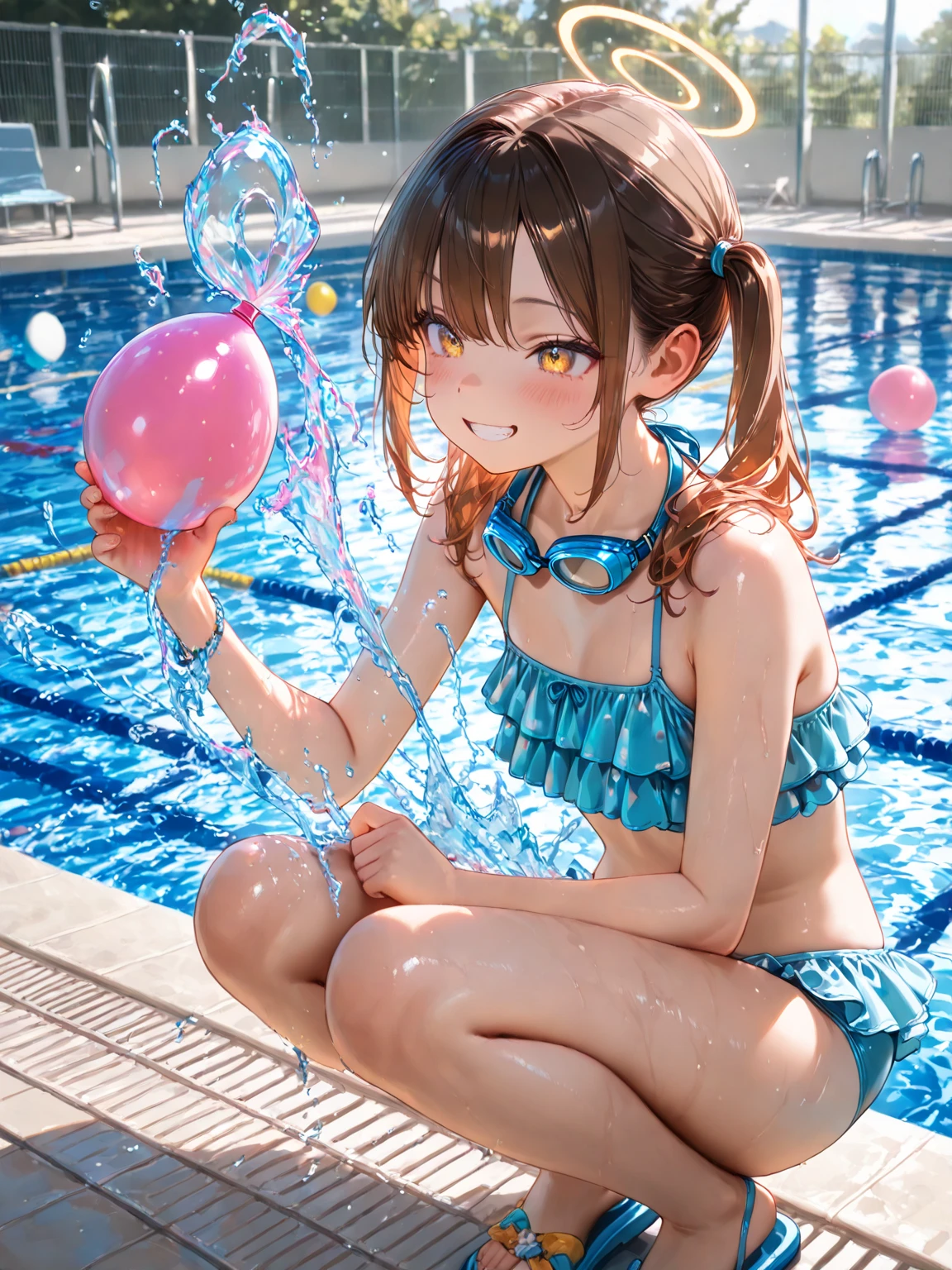 A cute woman in a string bikini, she has her back to the viewer, she is looking back over her shoulder. Seductive pose. Pool side. Pool toys, show her from head to tail, show all of her, show her entire body)
(safe for work)