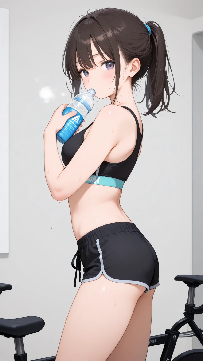 1 anime girl, YOUNG, hips, normal thighs, normal ass, tight sweaty leggings, sweat, back view, bare belly, huge bare breasts, gym background, turning to look back, Brown hair, glasses, drinking water, extended left arm, hand grabbing bottle, right hand grabbing a buttock, provocative, blushing, frowning expression, sexy, high quality, by the taken.