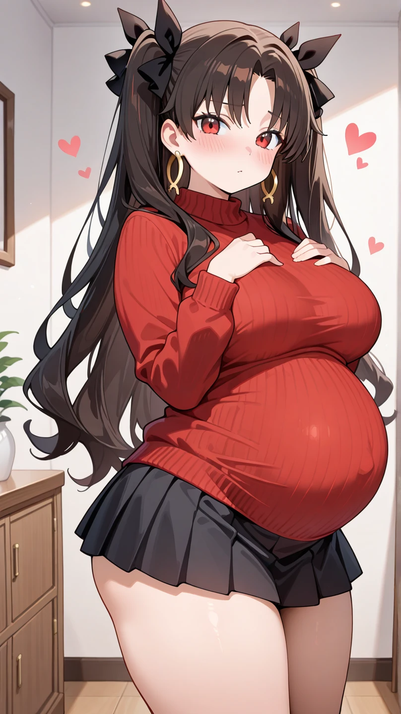 big belly, sitting, pregnant, fat, large stomach, fatty, fat, large belly, standing, fat belly, very fat, large stomach, chubby,very fat, safe for work, obese, giant belly, fat, huge, heavy, very fat, safe for work, fat, large belly, big belly, very fat, large stomach, chubby (best quality, masterpiece), Rin tohsaka, Christmas, table with food, fat