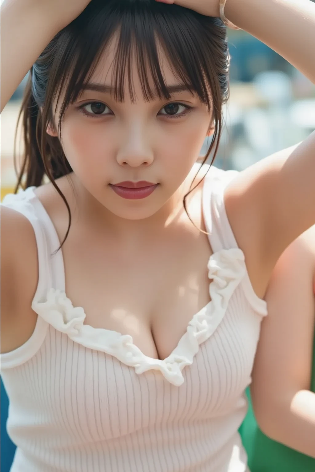 having sex from below, cowgirl position, shoot from below, uncensored, pov(male human, human male, human cock, short penis, thick penis, veiny penis, hand grabbing) fucking woman\(very young girl, long hair, bronde, ponytail, sunvisor, wrist band, closed eyes, screaming, vaginal penetration, orgasm face\), seductively, tight sex, intercourse, cumming, cum inside her pussy, tennis court,