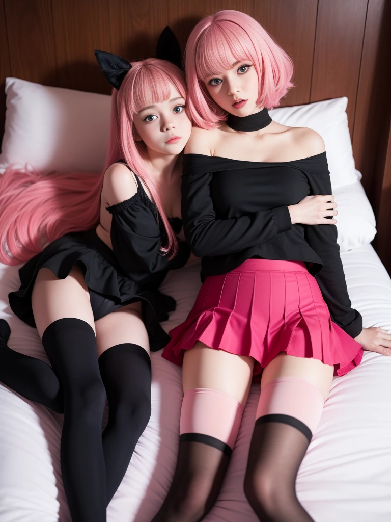 maidennurse、a beauty girl、((chests pressed against each other))、Two bunny girls beautiful girls pressing their big breasts against each other、Touching the crotch、Anime Big、((Pink rabbit girl in ruffled fishnet tights))、bow ribbon、kawaii、A slight smil、Facing this way、Glossy skin、voluminous twintails、masutepiece、A detailed、masutepiece、portlate、Raw photo、top-quality、masterpiece、超A high resolution、(Photorealsitic:1.4)、octan render、8K picture quality、ultrasharp、Details of complex ornaments、Extreme Detail