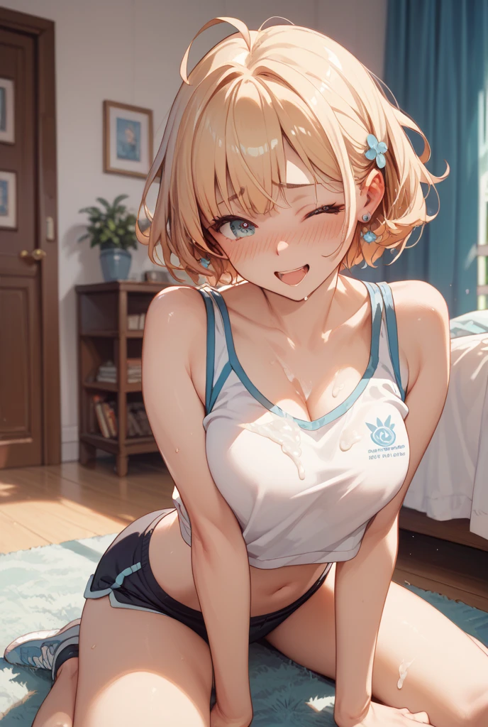 Very detailed image 8k European junior high school girl Beautiful girl Blonde Short hair Small breasts Beautiful legs Blushing Sweat flowing All fours position Viewed from an angle Athletics Lifting butt Open mouth wide White skin White tank top Navel exposed Wearing a skirt Regret sad expression, teary eyes