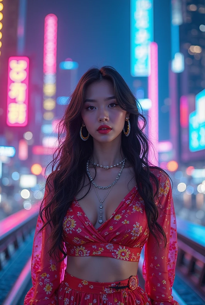 8k, masterpiece, raw photo, Best Quality, detail:1.2),photorealistic, Extremely detailed CG unifies 8k, 8k, diamante, and wallpaper, depth of field, cinematic light, Lens flare, ray tracing, (extremely beautiful face, Beautiful lips, pretty eyes), intricate detail face, ((ultra detailed skin)) 1 girl, cute korean girl, kpop idol,(slim and fit body), ((see the viewer)), (tight mini dress), (injection sleeve) , city night background, (Neon lights), cute korean girl, earrings, light eyes, walking , (Pale skin), (large eyes), ((upper body shots)), tight mini dress, fitted mini dress , colorful mini dress, single color dress, Black choker, Return, side shot, slim figure, Healthy thighs, thigh gap