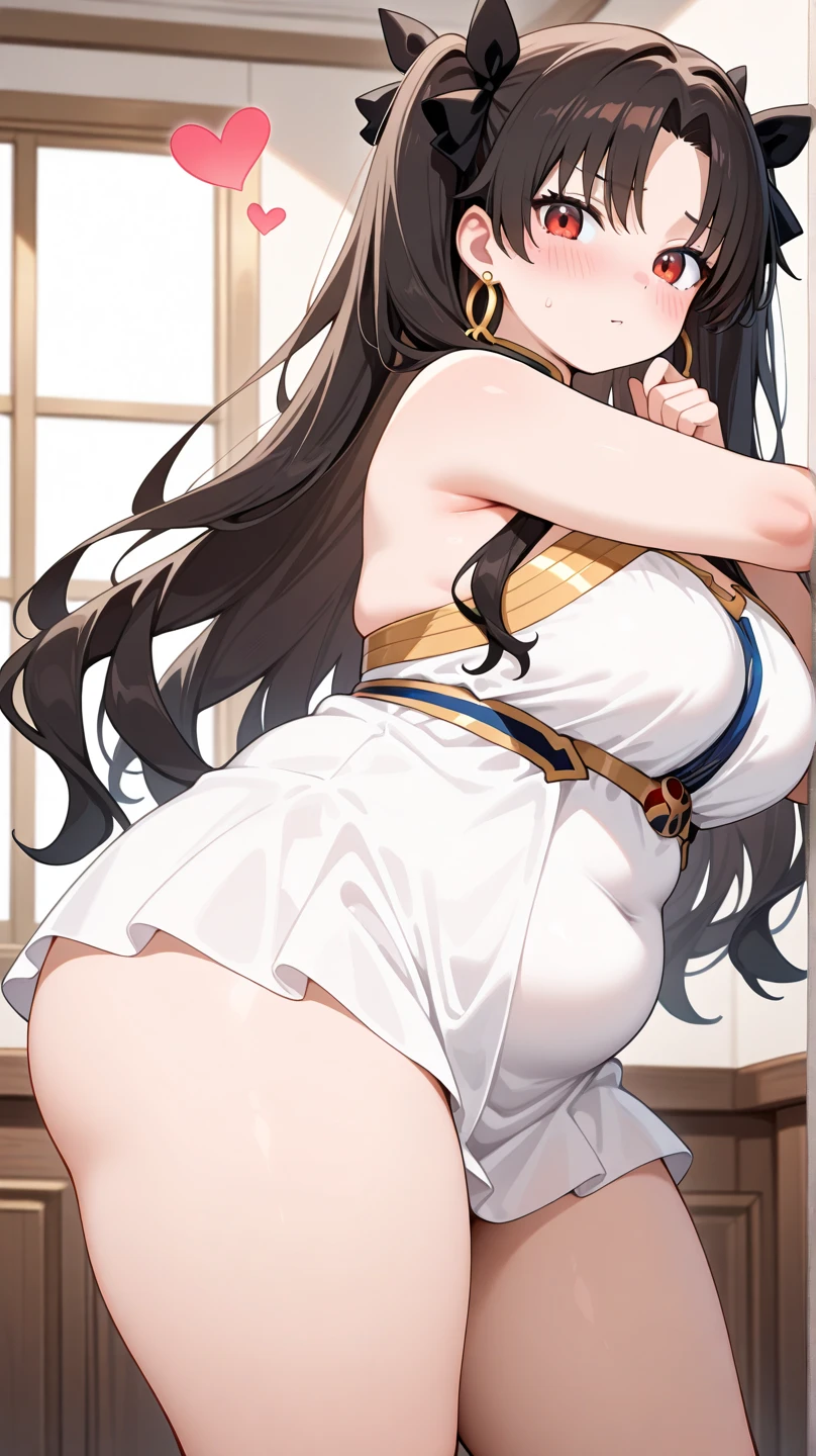 (masterpiece, best quality:1.2), 1girl, solo, from behind, see-through dress, reddish brunette hair, jewelry, white robe, bracelets, blue eyes, Yugioh style, hairband, circlet, standing, white room background, hair with curly ends, forbidden maiden, blushing