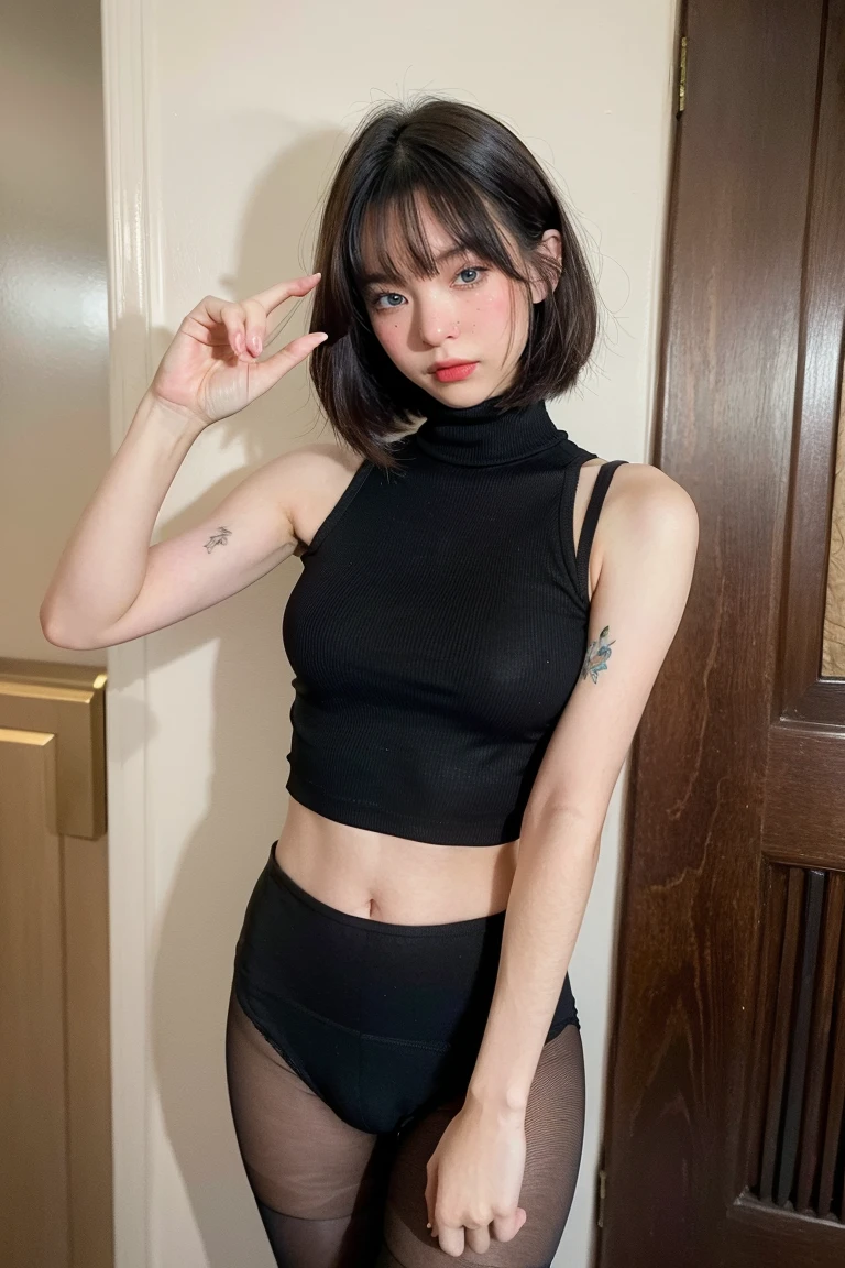 A beautiful femboy with a cute and goddess-like aesthetic, wearing black pantyhose and stockings, posing with a dynamic angle that showcases their flat chest, big butt, curvy waist, and thick thighs, extremely detailed face and visible navel, (best quality,4k,8k,highres,masterpiece:1.2),ultra-detailed,(realistic,photorealistic,photo-realistic:1.37),HDR,UHD,studio lighting,ultra-fine painting,sharp focus,physically-based rendering,extreme detail description,professional,vivid colors,bokeh
