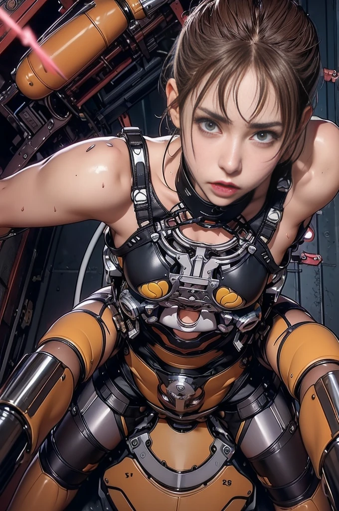 (masterpiece, Highest quality:1.2), One girl, solo brown hair、Rounded shorthair、Side Up、Detailed eyes、Orange Eyes、Skin Texture、Please open your mouth a little、smile、Transparency、School Swimsuit、flat breasts,medium ass,T-Shirts,dark place,spread legs,nsfw(sex machine, restraint, Bondage, BDSM, foreign object insertion, smachine:1.5),(embarrassed,blush:1.3), ,(steam:0.8),(wet:0.8),(sweat:0.8),(trembling:1.3) ,(parted lips:1.3),(harf open eyes:1.4),(feeling weak:1.5)