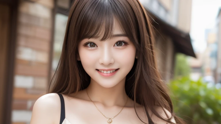 Tabletop, Highest quality, shape, Very detailed, finely, High resolution, 8k wallpaper, 完璧なダイナミックな構shape, Beautiful and detailed,ランダムなcute髪,,Natural color lip, Bold sexy pose,smile、20-year-old girl、cute、Looking into the camera,Always blur the background,Perfect and beautiful face,Slim face and figure,Big eyes、Putting on gal makeup,Small face,Shooting from below、smile,Blurred Background,Elegant feminine face、Cyberpunk Fashion、smile、Real Photo、Raw photo、Real human skin,finely描かれた肌:1,4、Normal anatomy
