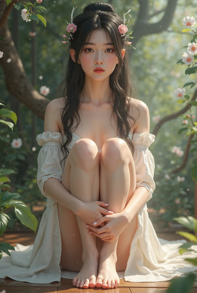 ((aeolian)), 1 girl, beautiful face, Princess, (naked), very long black hair, slim body with long legs, shiny skin, autumn forest background, wearing high heels, camera view from the side, full body view, sitting on table