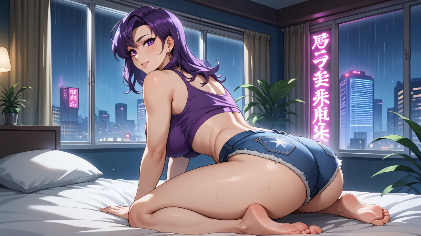 score_9, score_8_up, source_anime, laying back, laying on couch, balcony,  night, night time, after dark, smug, starfire, teen titans, mature female, smirk, indoors, ikuchan, flat color, by ikuchan, huge breasts, ((femdom)), panties, micro bikini, huge breasts, ((milf)), ((mature female))