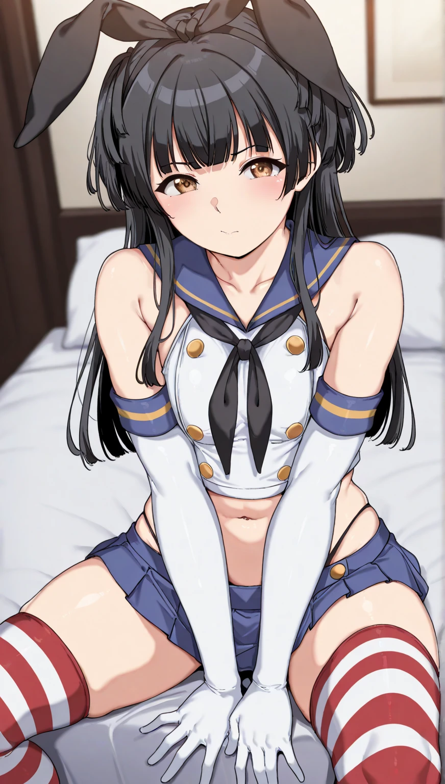 cute little、Amazing beautiful girl, Anime style, 、17 age、on the bed、A dark-haired、Straight hair、Glamour、Colossal tits、de pele branca、wide-open legs、Very embarrassing、red blush。 Best Quality , Textured skin、 high details, High quality,Semi-long hair、No shoes,I can see the belly button、nudde、fullnude,pubick hair、Black short socks、Pubic area、hair,Open the crotch,、Tsurime,Troubled face、Anime-style eyes,Anime-style nose,Anime-style mouth、In the case of、lie on one's side、Arms behind your head、Turn your pubic area towards me、The pubic area is wet、White liquid dripping from the pubic area、AHE Face、Sailor Suit Jacket