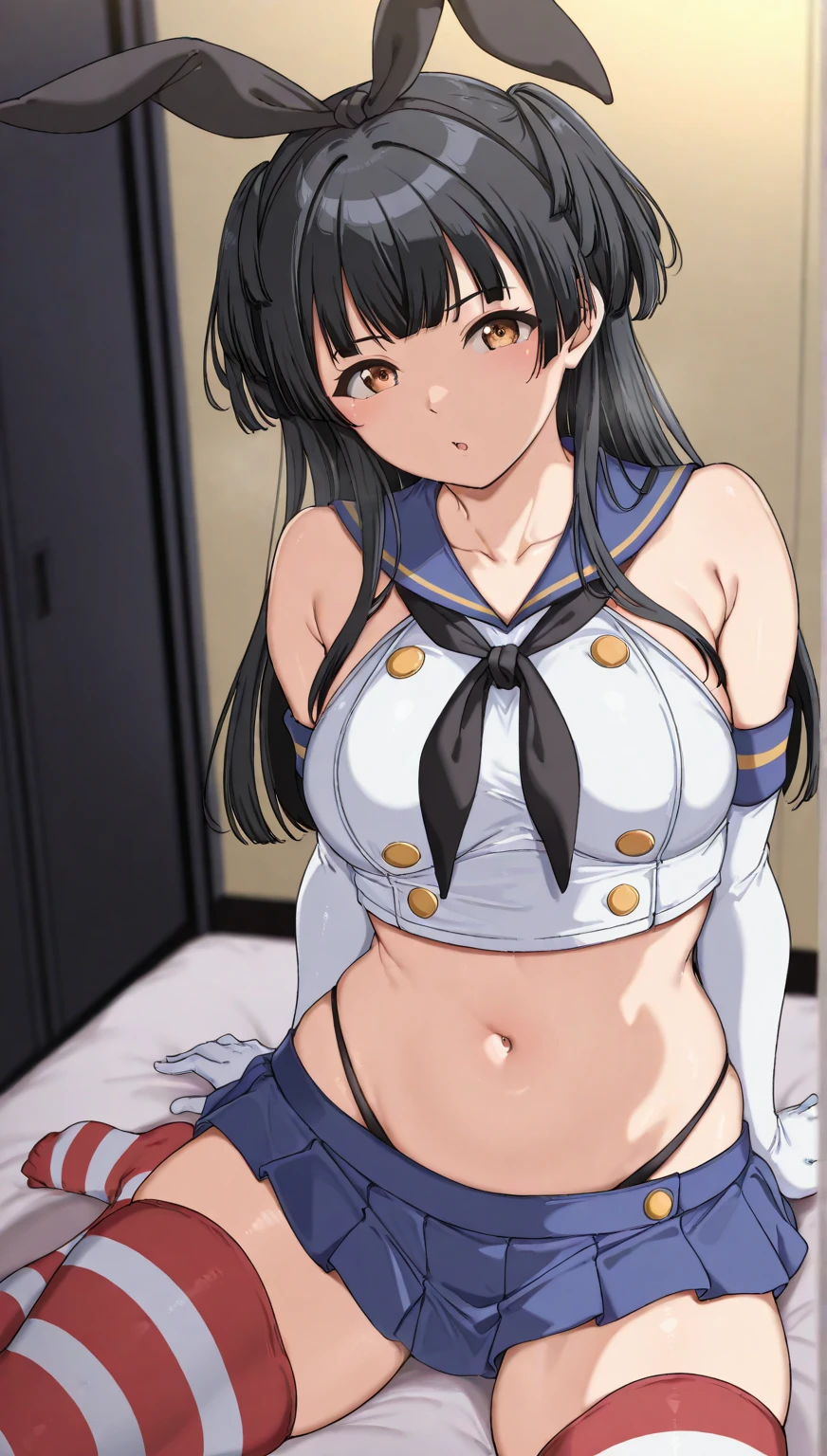 1 female,(Suguha Kirigaya),black short hair,(shimakaze's clothes),covered nipples,breasts,leanbody:1.5,