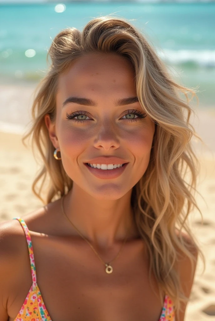 A young sexy woman with Blonde hair, slim body, ((Wearing a tiny pink bikini)), Big breasts, mischievous smile, (best quality,4k,8k,highres,masterpiece:1.2),ultra-detailed,(realistic,photorealistic,photo-realistic:1.37),HDR,UHD,physically-based rendering,extreme detail description,professional,bokeh,portrait
