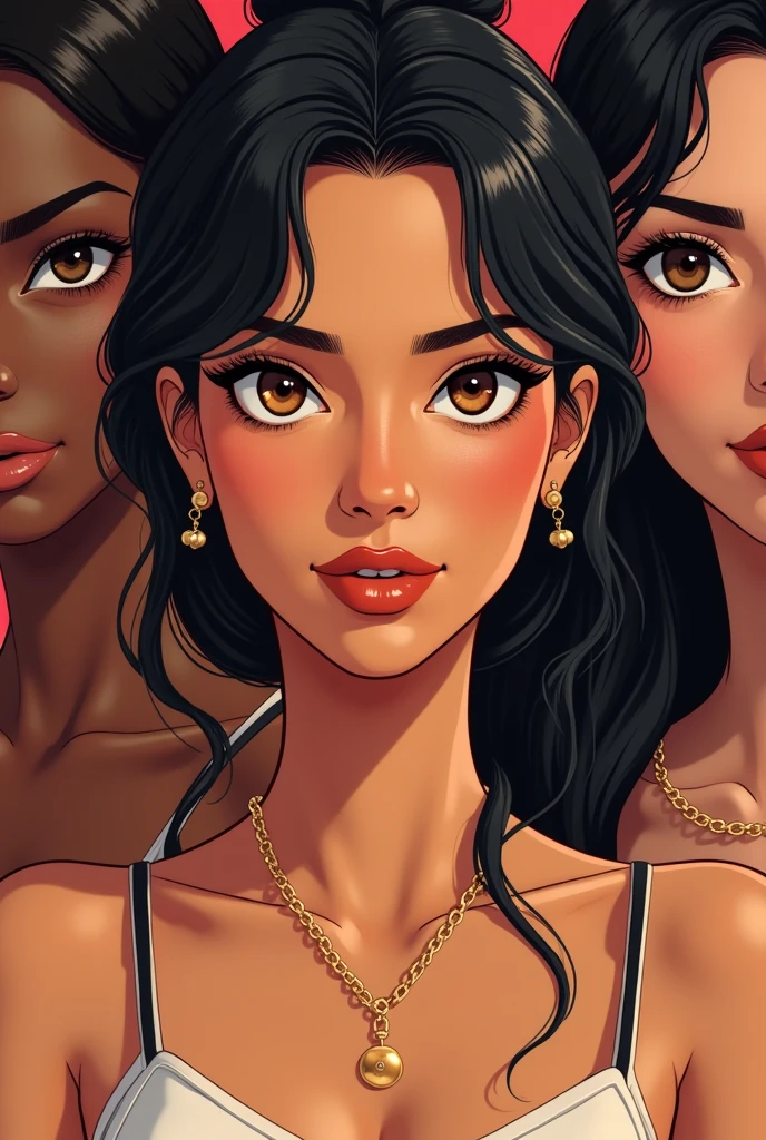 Style manga, a 3 woman, noire, cheveux longs bruns, Brown eyes, flat nose, full lips, extension cils, gold creoles, golden necklace, elle sourit, she likes to dance