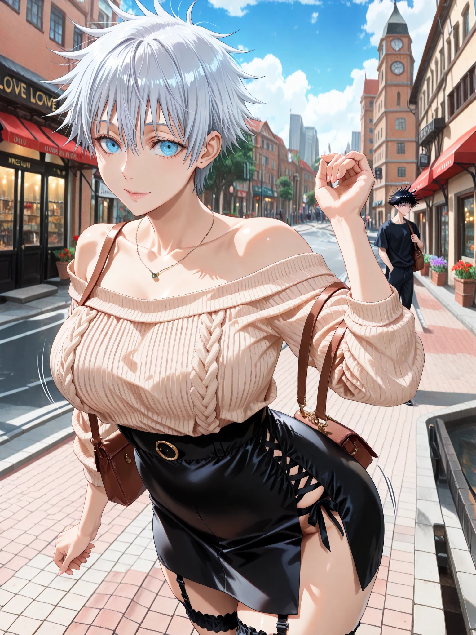 ((melhor qualidade)), ((Obra de arte)), (detalhado), rosto perfeito, 1 mulher, (cabelo branco longo), olhos vermelhos, (camisa branca com hole in clothing showing a woman's cleavage.), Jeans, botas, brincos, colares, seios grandes, bunda media, corpo inteiro, standing, sexy