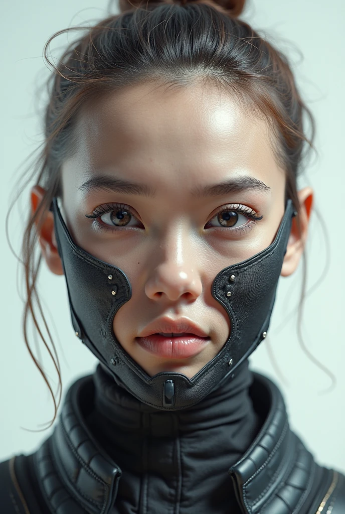 arafed woman with a black and white striped nose and nose tape, face accessories, chrome mask, cyberpunk metallic brackets, cyberpunk eye wear, face cluse - up, cyberpunk accessory, metal mask, wearing transparent glass mask, alexey egorov, young lady cyborg, metallic mask around the mouth, silver small small small glasses