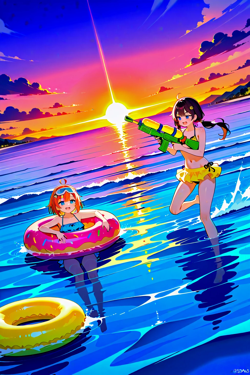 Three girls in bikinis surfing side by side on a moonlit night。