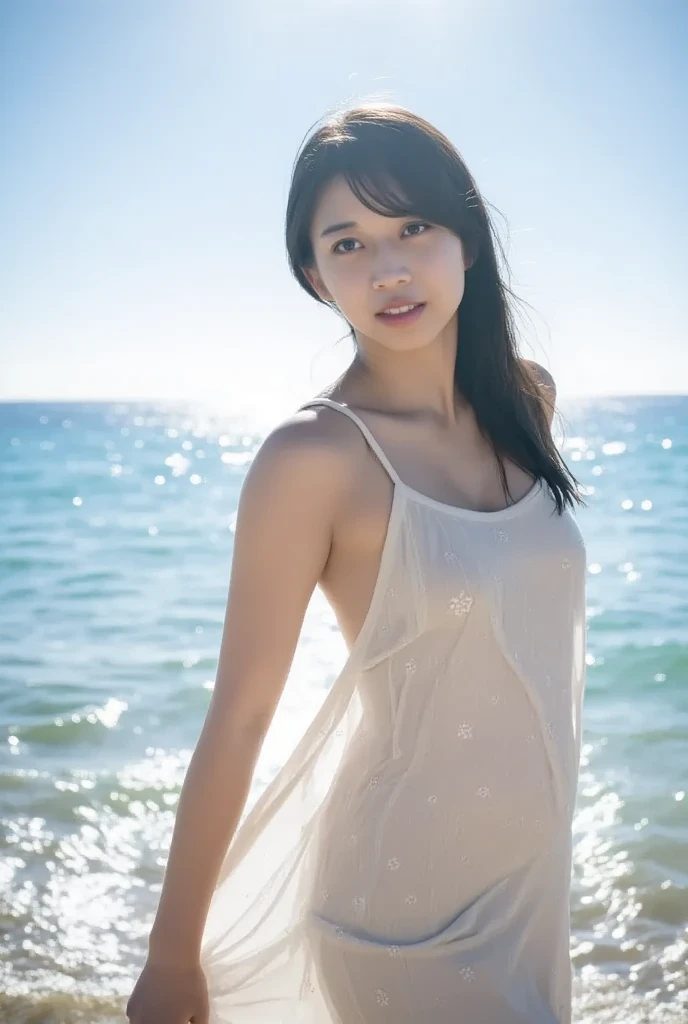 1girl, (wearing a white sheer top:1.6),(RAW photo, best quality), (realistic, photo-realistic:1.4), masterpiece, an extremely delicate and beautiful, extremely detailed, 2k wallpaper, Amazing, finely detail, extremely detailed CG unity 8k wallpaper, ultra-detailed, highres, soft light, beautiful detailed girl, extremely detailed eyes and face, beautiful detailed nose, beautiful detailed eyes,cinematic lighting,(on the beach:1.6),perfect anatomy,(slender body:1.8),smiling,(upper body:1.8),(open eyes:1.4),(look at viewer),(face front:2.0),(front view:2.0),cinematic angle,(wavy long hair), (brown eyes:1.8),(cleavage:0.8),(standing:1.8), <lora:nagaseanna_lora-01:0.8>