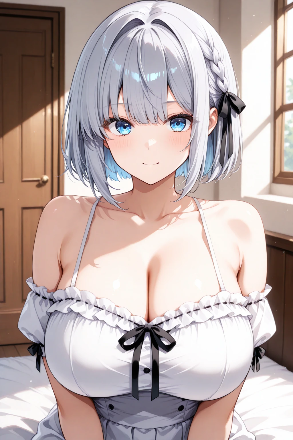 best quality, in bed, silver hair and  blue eyes, short hair, white shirt and no bra, cute girl, big breast, red cheek, lustful face, fair skin