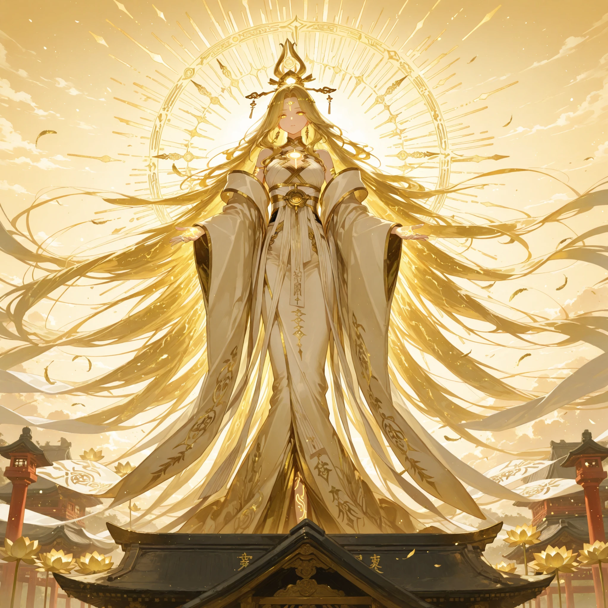 748cmstyle, 1woman, Celestial goddess, Radiant and divine, Wearing glowing white and gold kimono covered in calligraphy sigils, Long flowing hair made of pure sunlight, Eyes like twin suns with golden irises, Surrounded by floating sacred scrolls and golden feathers, Standing atop a lotus-shaped shrine platform, Radiating warm golden light that parts darkness, Sky filled with ethereal beams and rings of divine glyphs, Serene and holy presence

